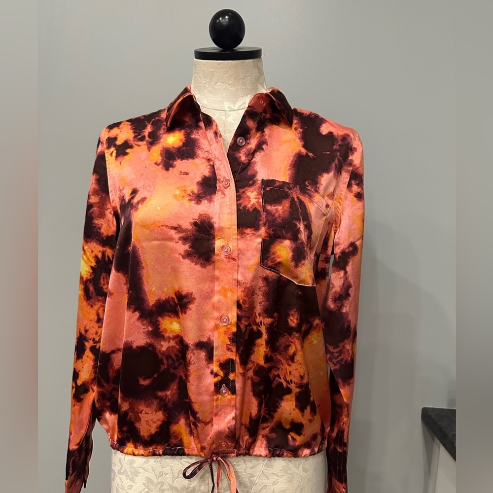 ⭐️REBECCA MINKOFF Blouse Top Womens Petite Button Up Long Sleeve Satin Size SP - Picture 4 of 7